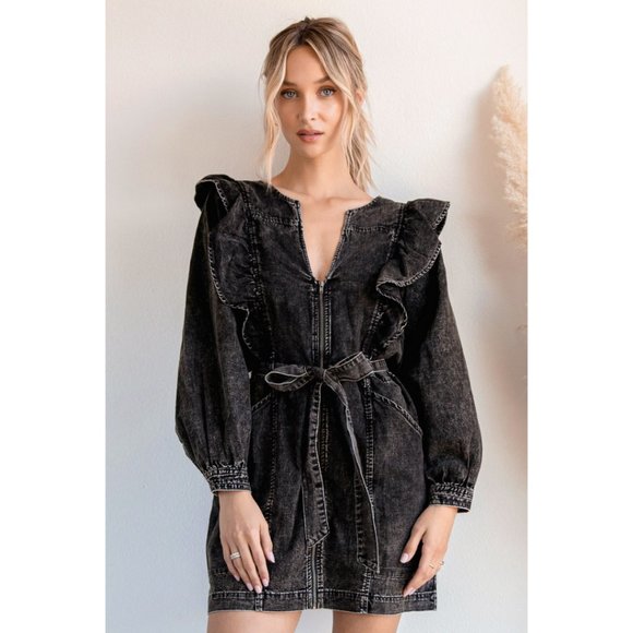 Imogene Washed Black Denim Ruffled Mini 